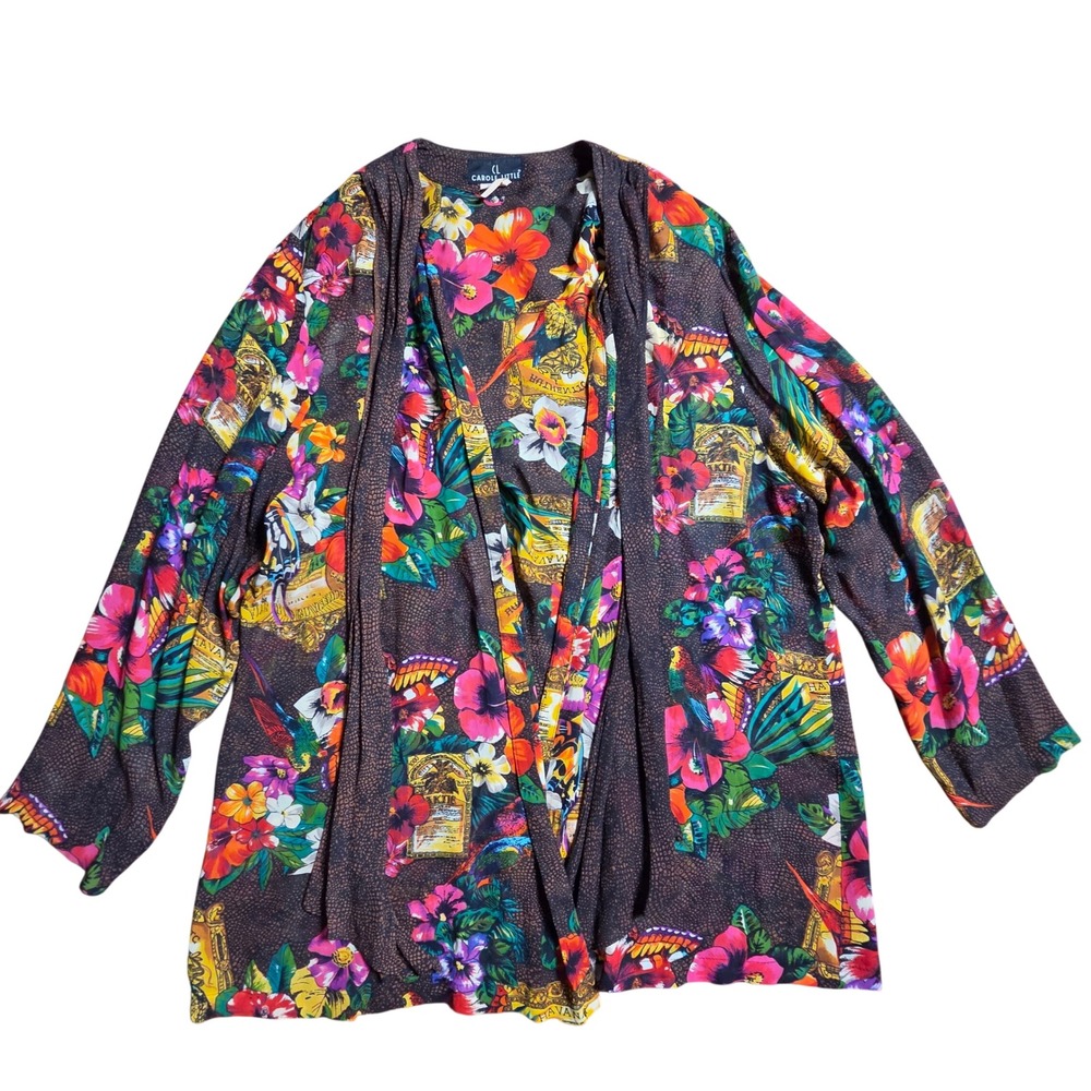 Vintage Carole Little Tropical Havana Floral Open Front Cardigan XL Maximalist
